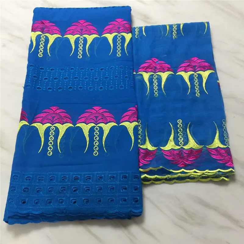 

Blesing blue and white african Lace fabric with embroidery 100% cotton swiss voile Lace Fabric with tull lace set for party