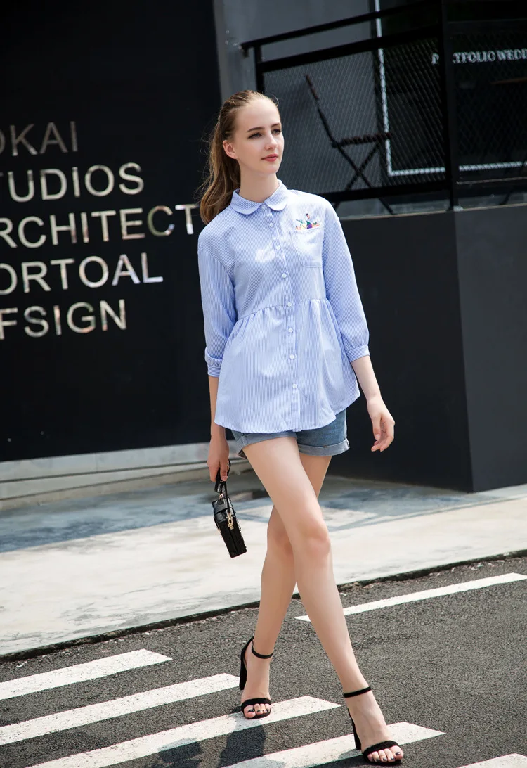 2018 г. новые женские экипажа воротник полосатой рубашке Свободные thintop | Женская