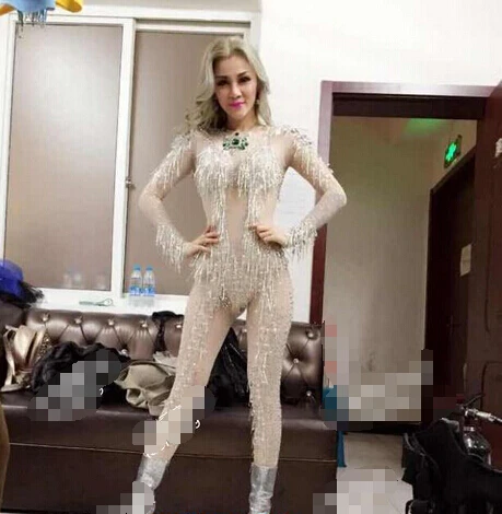 Сексуальный комбинезон одежда для сцены костюм со стеклянными кисточками цвет