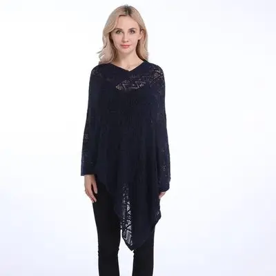 Navy Poncho Новинка, женское пончо большого размера, белые вязаные сексуальные свободные шали, вязаный крючком шарф для женщин, весенние вязаные тонкие женские шарфы - Цвет: Navy Poncho