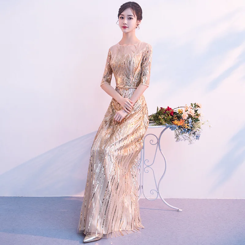 Элегантное Золотое азиатское платье Ципао с пайетками Vestidos чонсам восточные