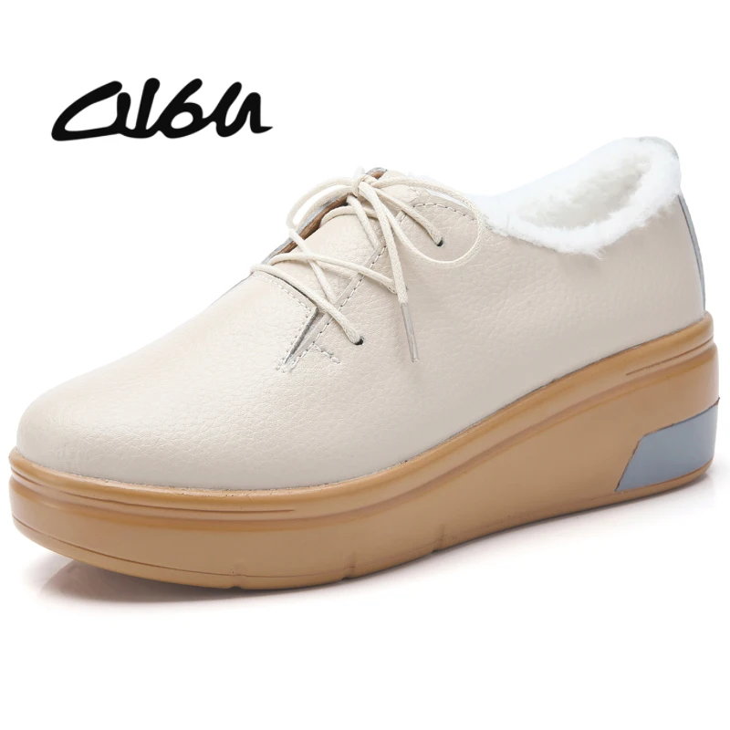 O16U Winter Women Casual Shoes Genuine Leather Lace up Flat Platform Fashion Oxfords Ladies Black Plush Flats Spring | Обувь