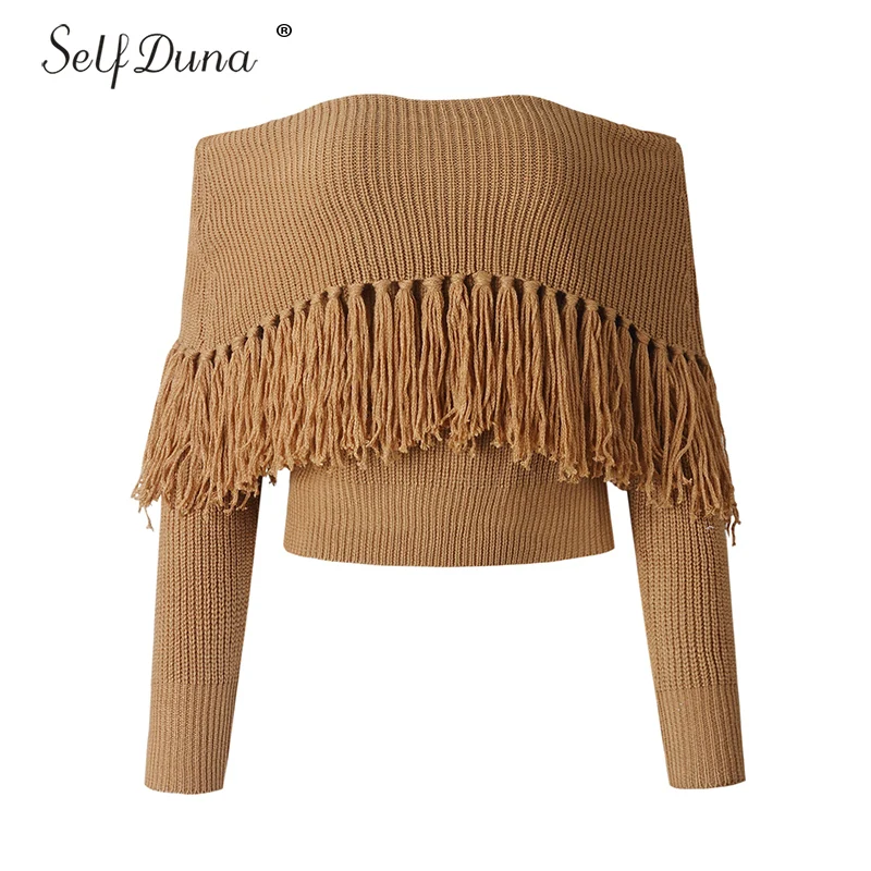 Self Duna 2018 Autumn Winter Off Shoulder Sweater Sexy Backless Jumper Women Pullover Tricot Slash Neck Tassel Knitted | Женская одежда