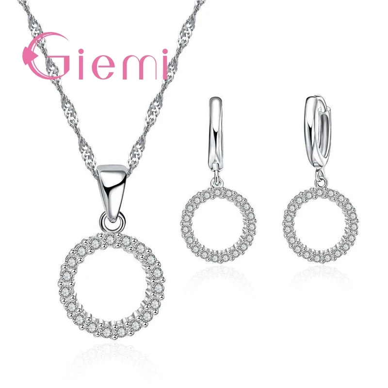 Pure 925 Sterling Silver Cubic Zircon Pendant Necklace Hoop Earrings for Women Lucky Forever Circular Full Crystal Jewelry Sets free shipping crystal pendant necklace earrings ring cubic zircon trendy party 925 sterling silver jewelry sets women new design