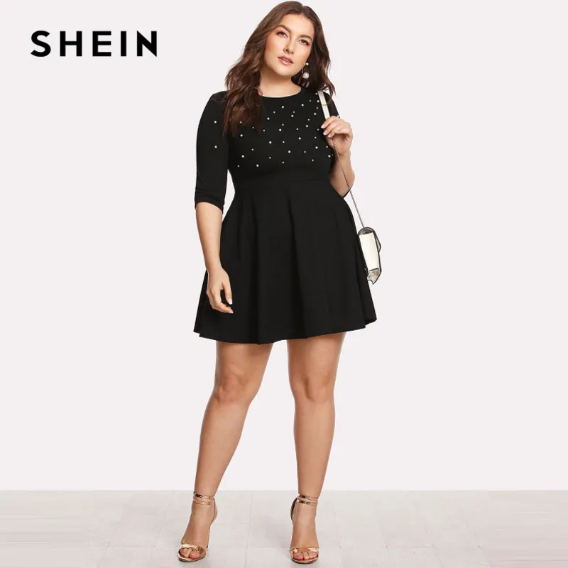 SHEIN Плюс РазмерОблегающее Платье-Клёш С Бусинами Женское Весеннее Элегантное Платье С Высокой Талией