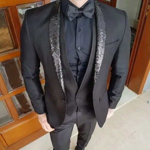

2019 Latest Design Custom Men's Black Suit Shiny Beads Slim Fit Groom Wedding Dress Tuxedo 3 Pieces (Jacket+Pants+Vest
