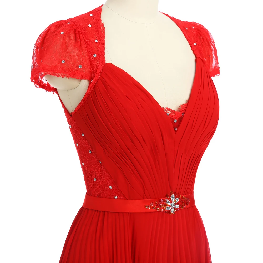 

Red Formal Celebrity Dresses A-line V-neck Cap Sleeves Floor Length Chiffon Lace Beaded Famous Red Carpet Dresses