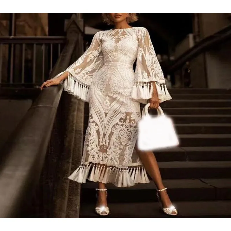 Женское длинное пляжное платье Boho белое кружевное с расклешенными рукавами и