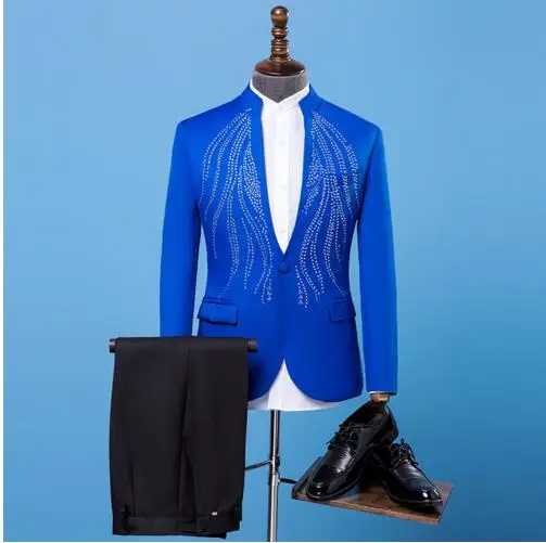 Black White Blue Red Plus Size Jacket Pants Silver Rhinestones Slim Men's Suit Set Wedding Host Coat Men Singer Bar Outfit Set