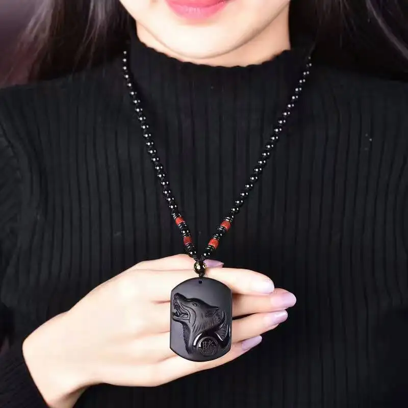 Natural Black Obsidian Carving Wolf Head Amulet pendant free necklace obsidian Blessing Lucky pendants fashion Jewelry | Дом и сад