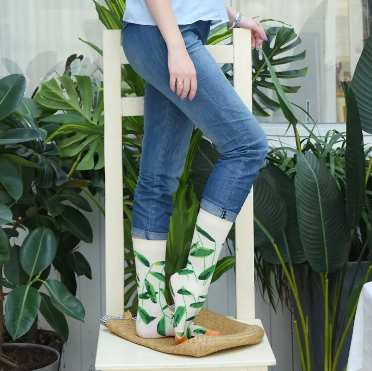 Women's Socks Harajuku full Cotton Cute Crazy Happy Cartoon plant Sweet Funny personality art Flowers Leaves socks for Girl | Женская