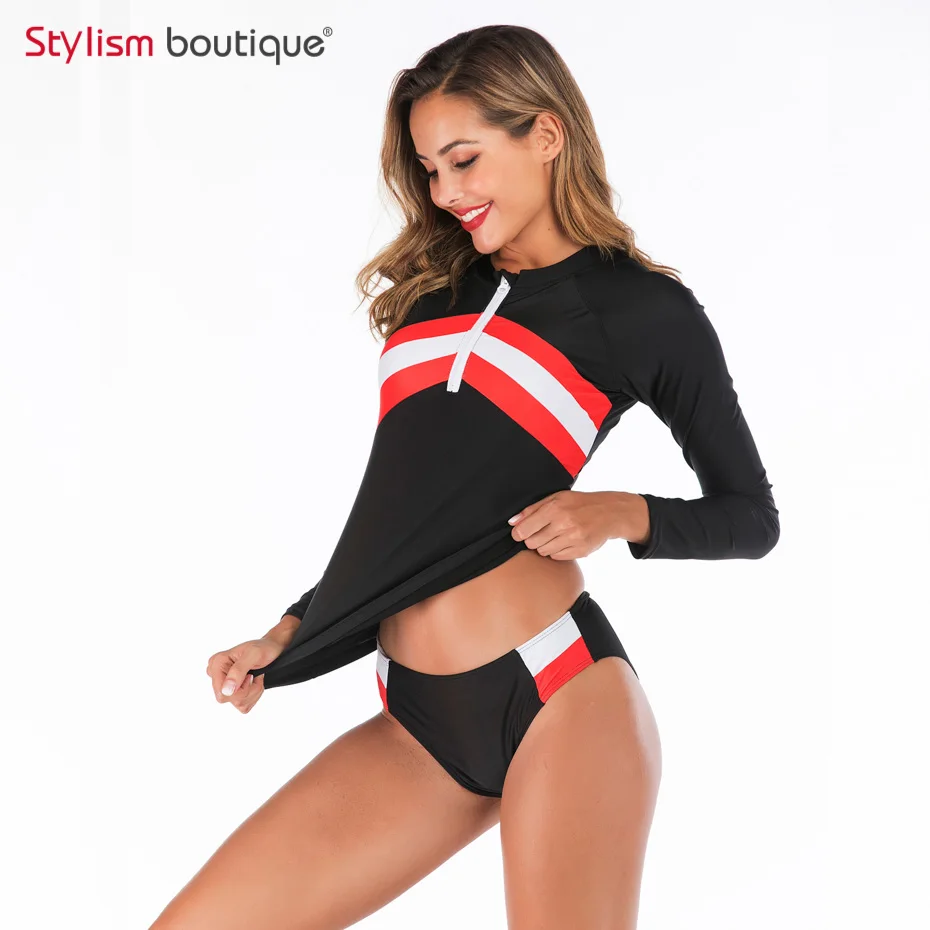New Rashguard Padded Long Sleeve Swimsuit Surfing Rash Guard Women Two Piece Swimwear Separate Tankini Sport Bathing Suit