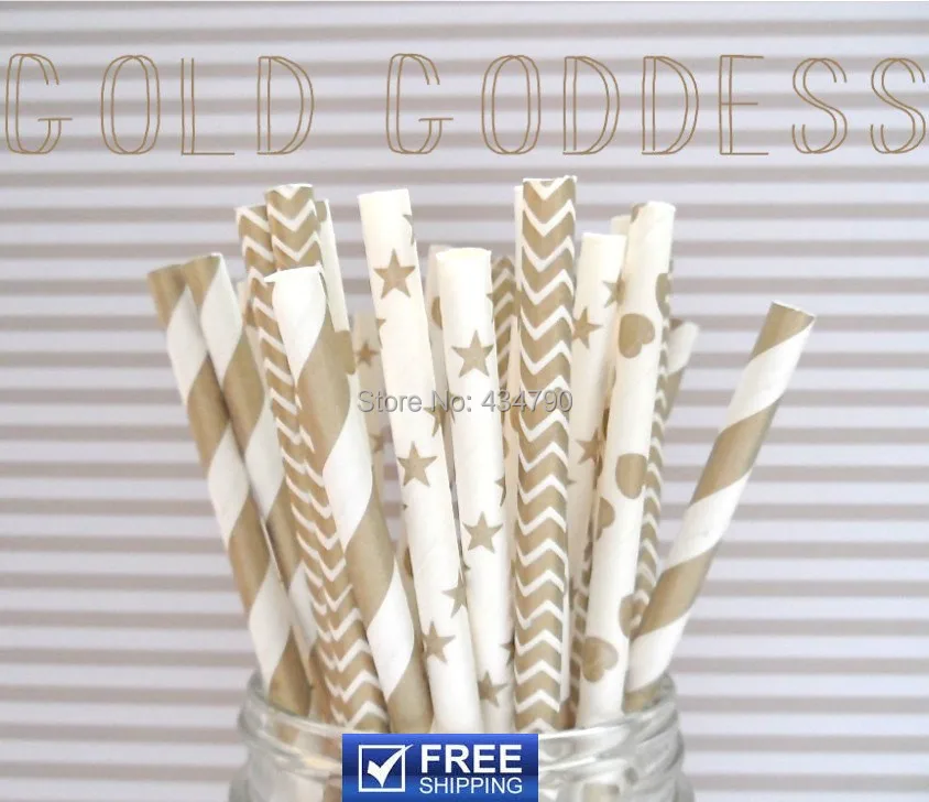 

150pcs Mixed 6 Designs Gold Goddess Paper Straws Wedding Christmas Shower, Striped, Polka Dot, Chevron, Star,Sailor Stripe,Heart