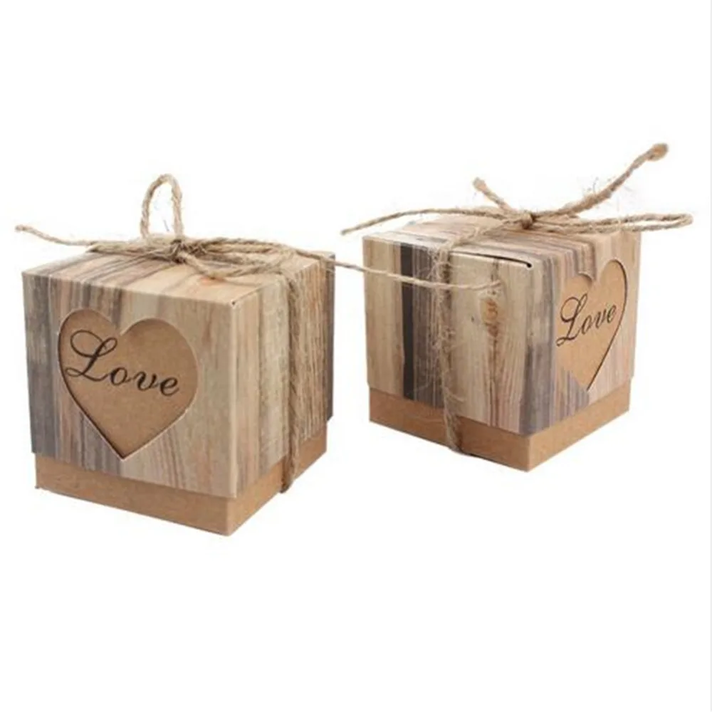 10pcs/lot Wedding Candy Souvenirs Box Romantic Heart Kraft Gift with Burlap Twine Chic Favors | Спорт и развлечения