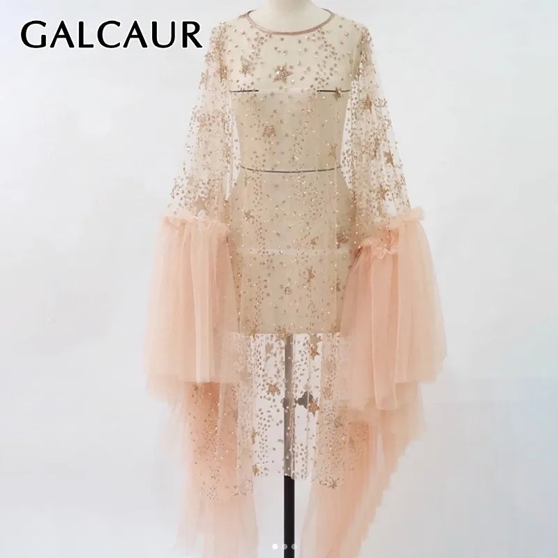 Женское платье с блестками GALCAUR Сетчатое мини-платье круглым вырезом и