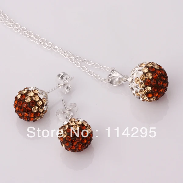 New Shamballa Jewelry Set Unique Gradient CZ Disco Pave Crystal Ball Pendant Necklace+Stud Earrings+925 Silver Chains | Украшения и