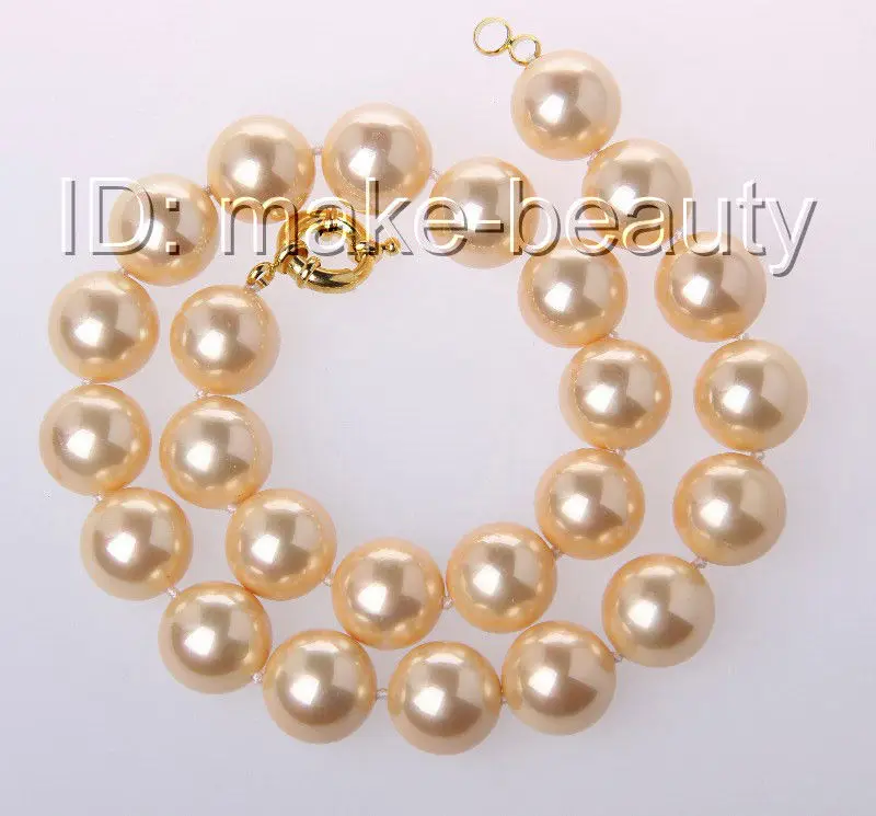 

stunning big 16mm round gold south sea shell pearl necklace h1271
