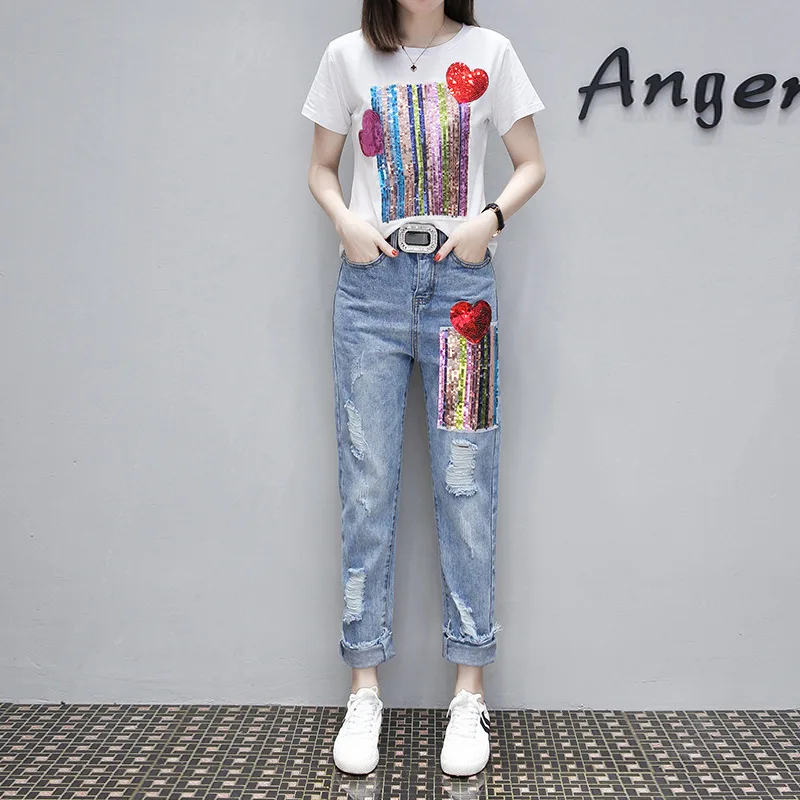 2019 summer fashion new sequin print short-sleeved T-shirt + hole jeans two-piece suit student leisure | Женская одежда