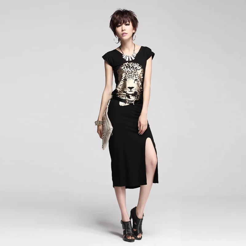 free shipping Women Spring 2014 Summer Black print golden leopard cotton Women's mid-calf Sexy long party Casual Dress Vestidos | Женская