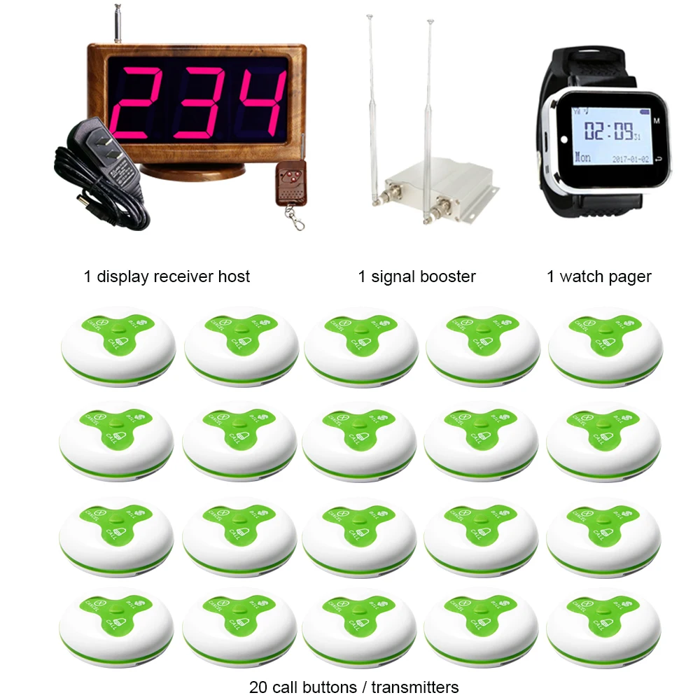 JINGLE BELLS Wireless Calling System 20 Buttons+ 1 Watch Pager+ Main host + repeater Hotel Call Bells |