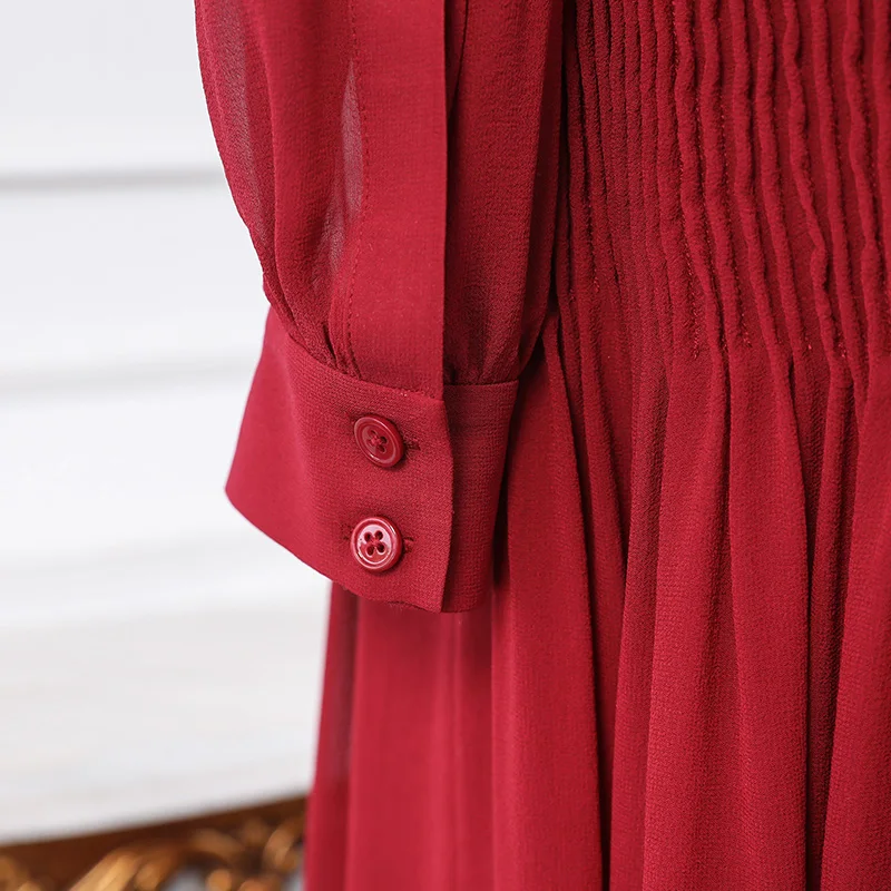 VOA Heavy Silk Red Pleated Retro Dresses Women Midi Party Dress Autumn Long Sleeve Vintage Large Size Elegant Slim A10015 | Женская