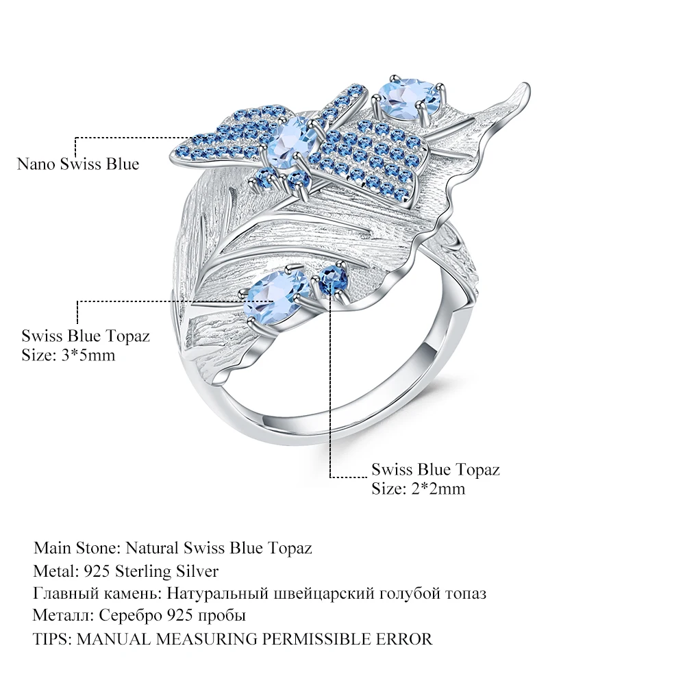 

GEM'S BALLET 0.78Ct Natural Swiss Blue Topaz Ring 925 Sterling Silver Handmade Adjustable Leaf Ring Rings for Women Bijoux