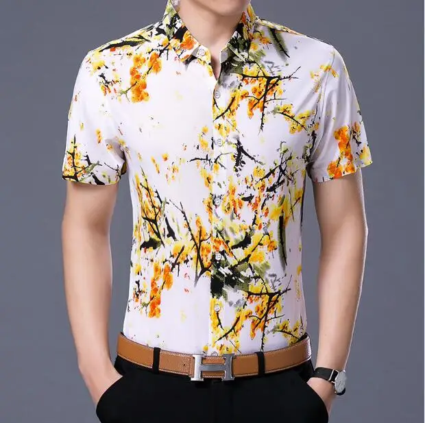 Мужская хлопковая приталенная рубашка повседневная гавайская с короткими