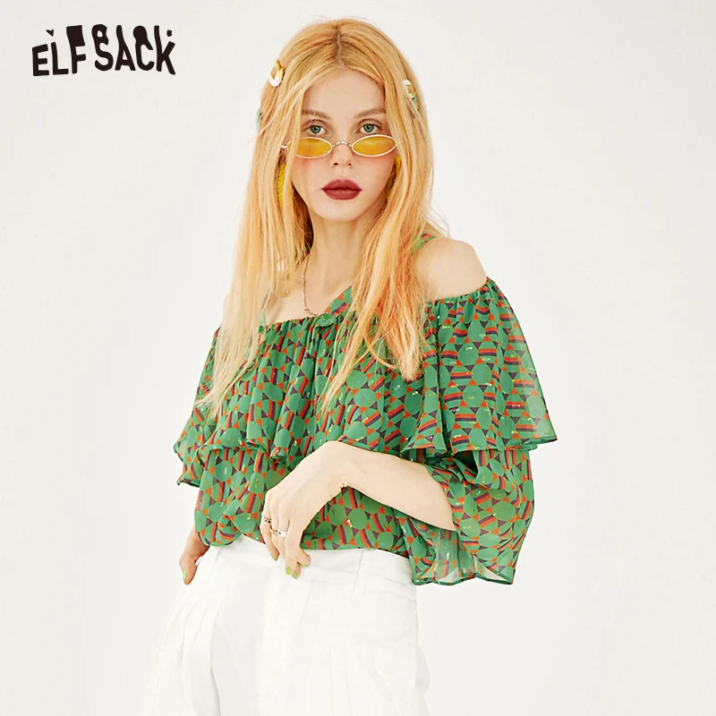 Женская блузка ELFSACK с зелеными оборками и рукавом бабочкой летняя 2019|Блузки| |