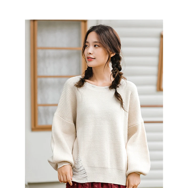 INMAN Winter Female Teenage Girl Scratch Lantern Sleeve Loose Pullover Sweater | Женская одежда