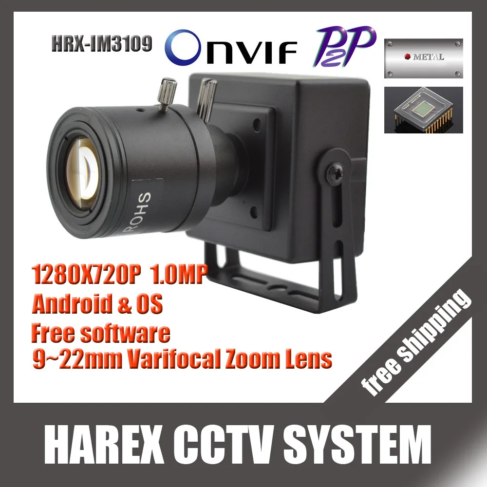 1280 * 720P 1.0MP mini IP Camera ONVIF 2.0 9-22mm manual varifocal zoom lens P2P Plug and Play With bracket. Free shipping