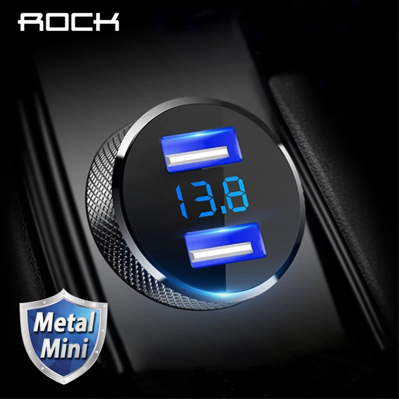 Автомобильное зарядное устройство ROCK 2 USB с цифровым дисплеем быстрая зарядка