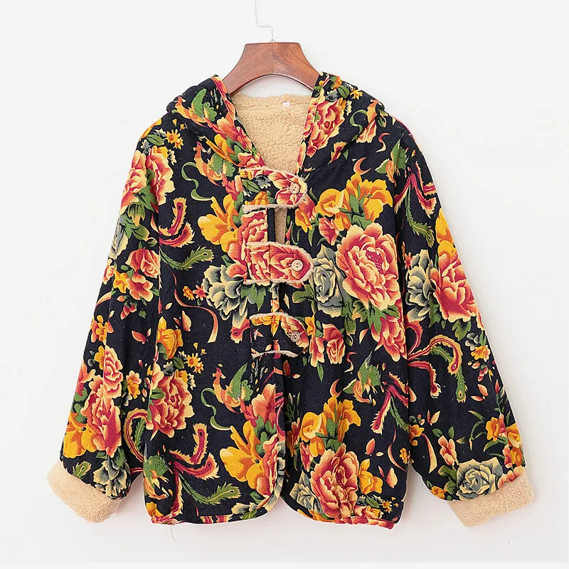 2019 Traditional Chinese Style Women Thick warm Short Coat Autumn Retro Button Printed Long Sleeve Cotton Linen cc470 | Женская одежда
