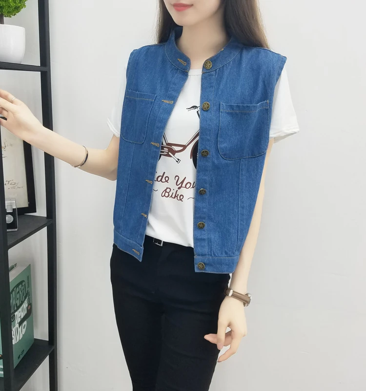Large Size Bust 5XL Women's Jeans Vest Summer Thin Pure Blue Pocket Jacket Cardigan Sleeveless Female O-Neck Button Waistcoat