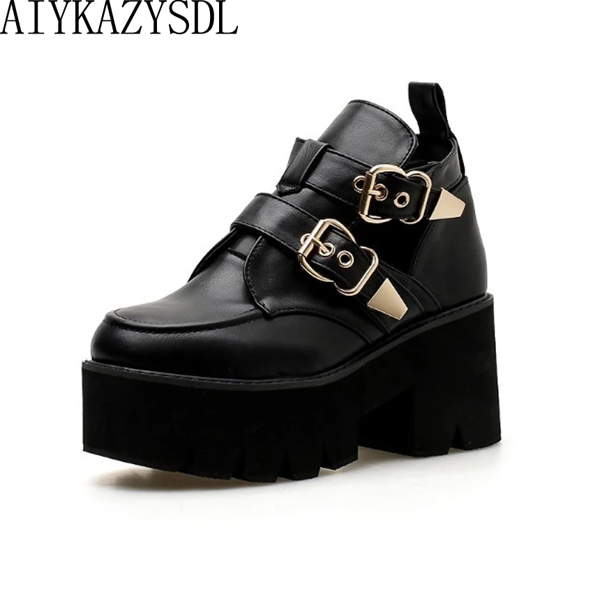 

AIYKAZYSDL Autumn Women Punk Rock Motorcycle Boots Cut Out Bootie Buckle Strap Platform High Heel Wedge Shoes Thick Chunky Heels