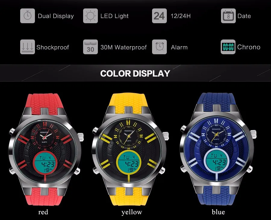 Мужчины спортивные часы двойной дисплей часы мужчины цифровой СВЕТОДИОДНЫЙ часы BOAMIGO резинкой кварцевые часы 30 М водонепроницаемые наручные часы