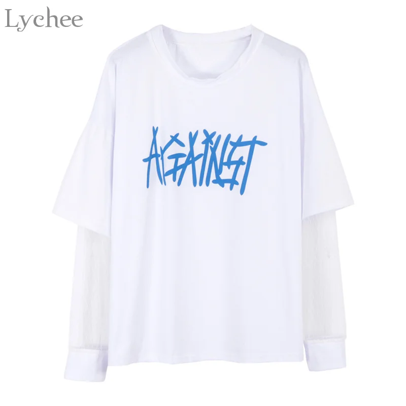 Lychee Harajuku женские футболки письмо сетки лоскутное с длинным рукавом футболка весна осень футболка Топ - Цвет: White