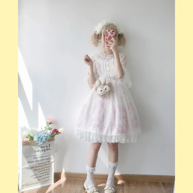 Kawaii японская Лолита АО платье женская летняя обувь мягкой сестра ветер милые с рисунком кошки с бантом в стиле «лолита» с ремешком и милым милое платье