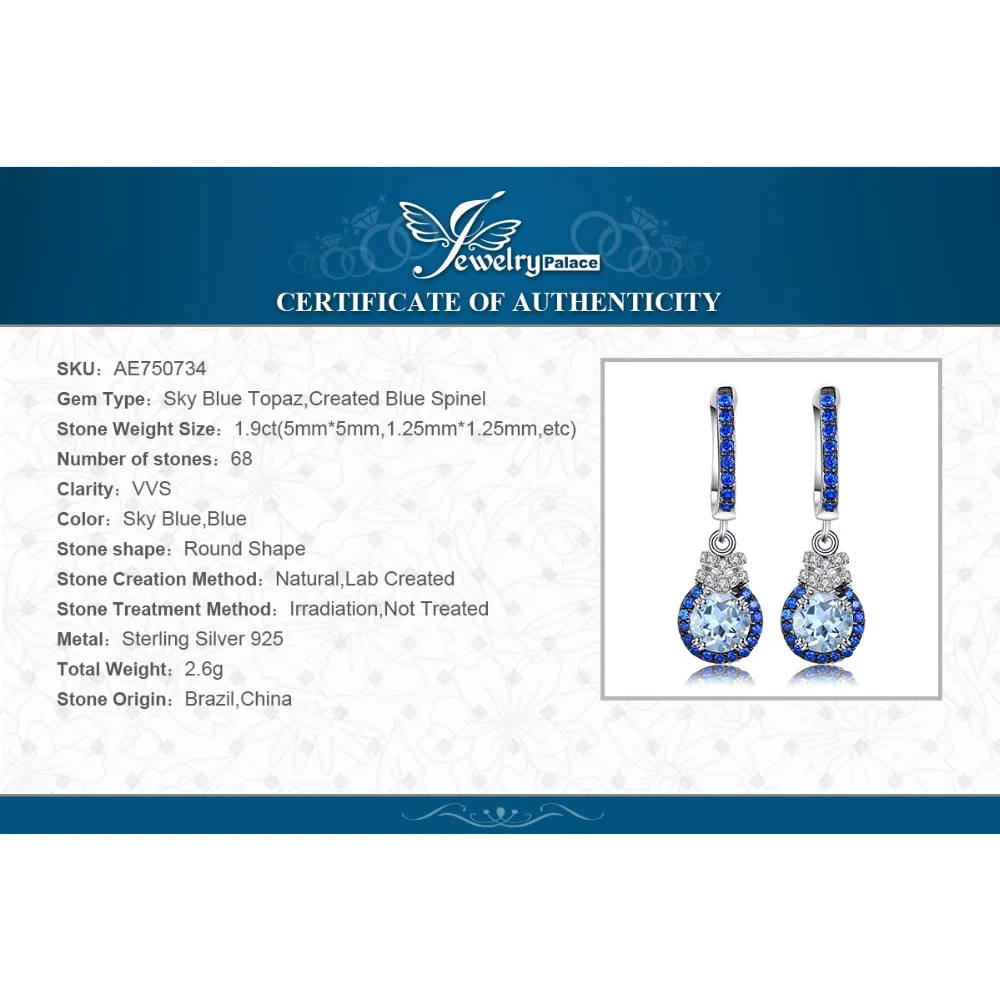 Jewelrypalace Мода Клипсы 1.6 ct натуральный голубой топаз и создания синий шпинель 925