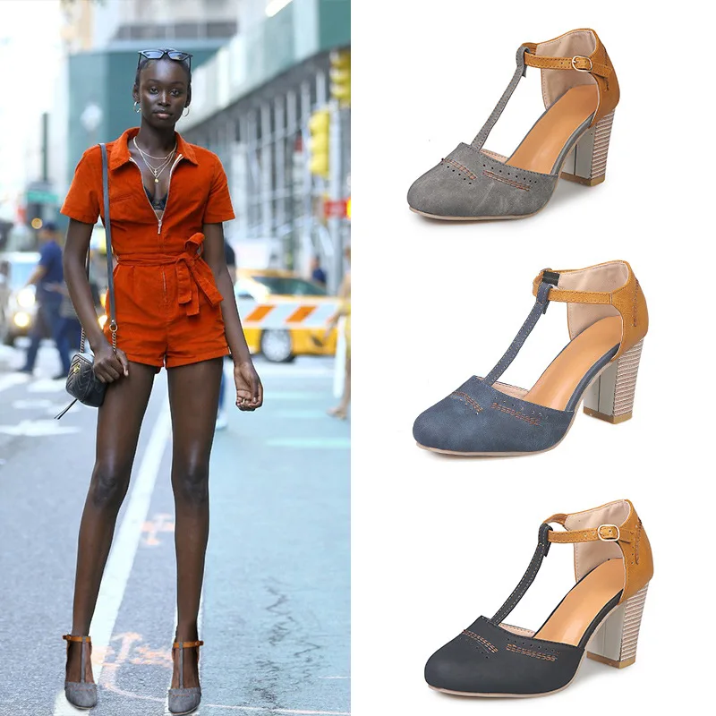 2019 New Summer Women Fashion High-heeled Sandals Rome Buckle Casual Chunky Heels b130 | Обувь