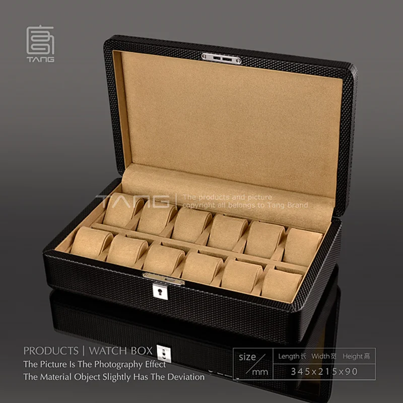 

New 3/6/12 Slots Leather Watch Display Box Organizer Black Carbon Fibre Watch Gift Boxes With Lock Watch Storage Case