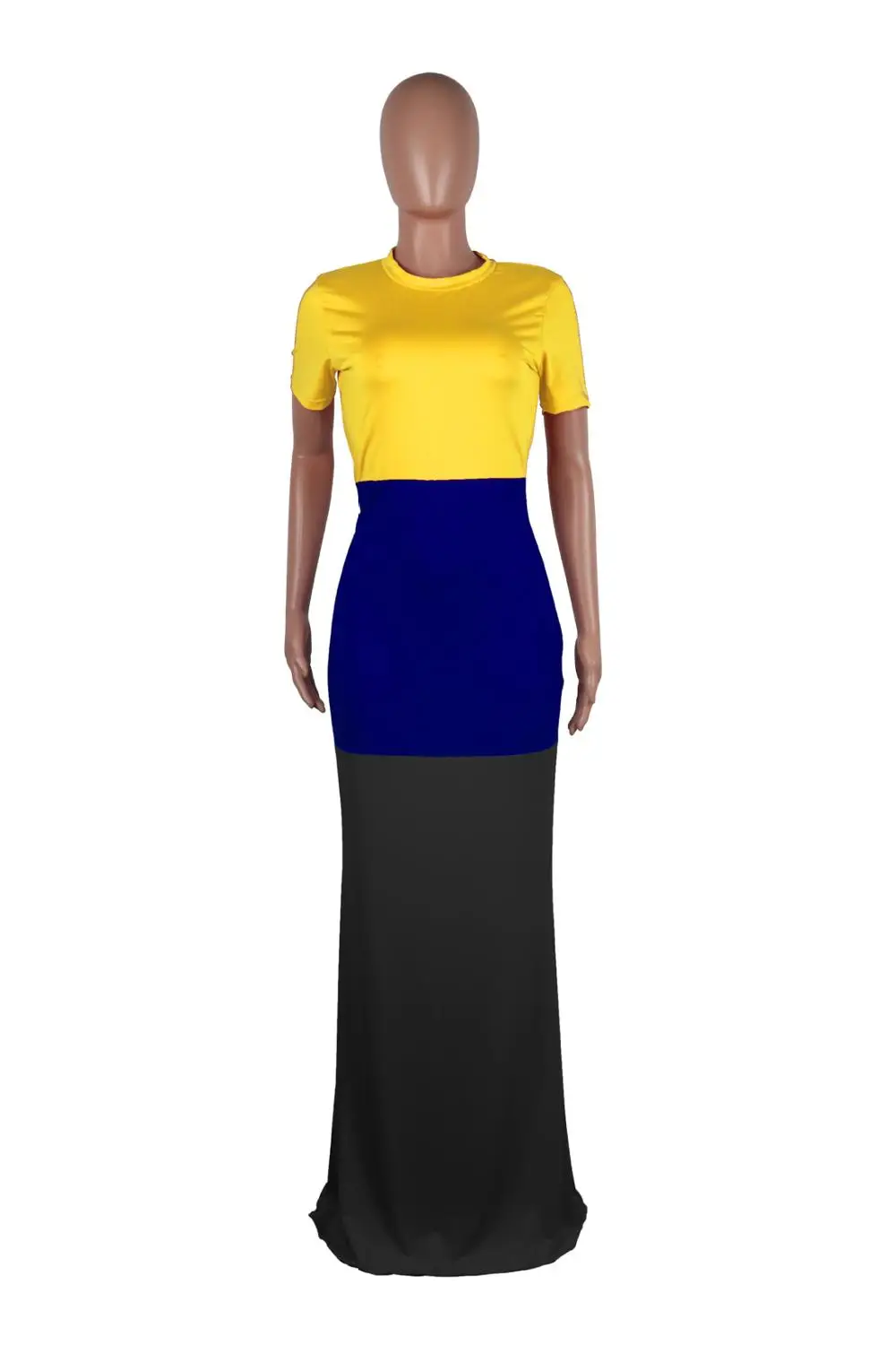 

Echoine Plus Size S-XXL Long Floor Length Colorblock Dress Summer O Neck Short Sleeve Back Zip Up Splicing Maxi Party Dresses