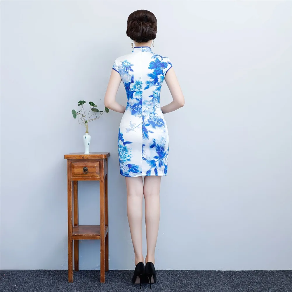Шанхай история Синий принт белый Qipao искусственного шелка китайский Восточный