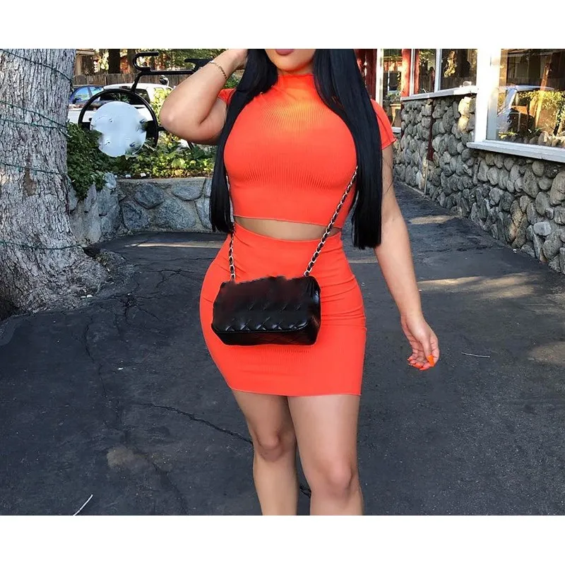 Летний комплект из двух предметов сексуальный неоновый розовый оранжевый мини с