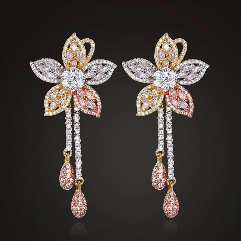 Lanyika Jewelry Luxury Bridal Flower Tassel Stud Earrings Zircon Full Micro Plated for Woman Girl Party Popular Best Gifts | Украшения и