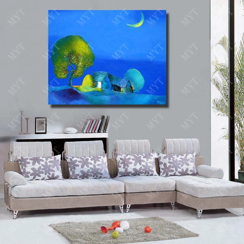 Village night scenery hand paint wall art painting modern canvas landscape oil reproduction | Дом и сад