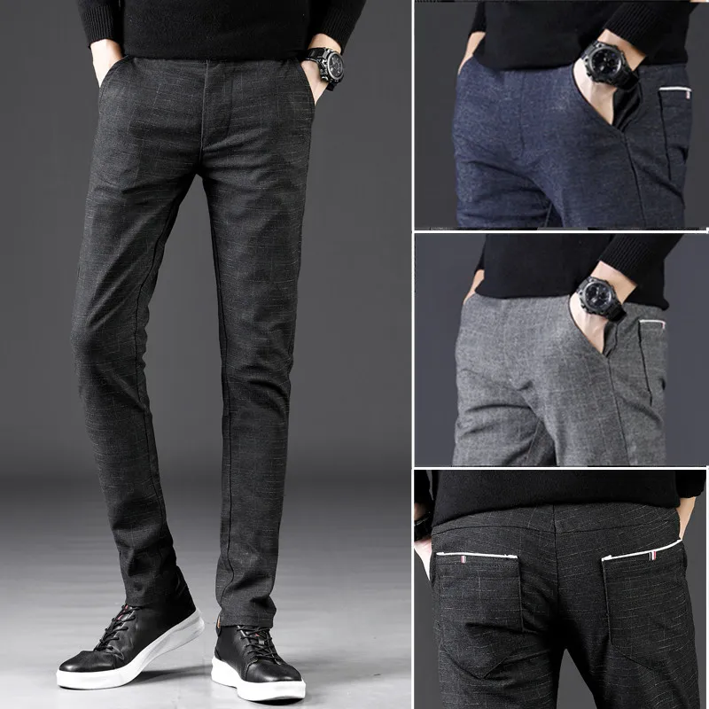 Мужские повседневные эластичные длинные брюки серые прямые в клетку из хлопка