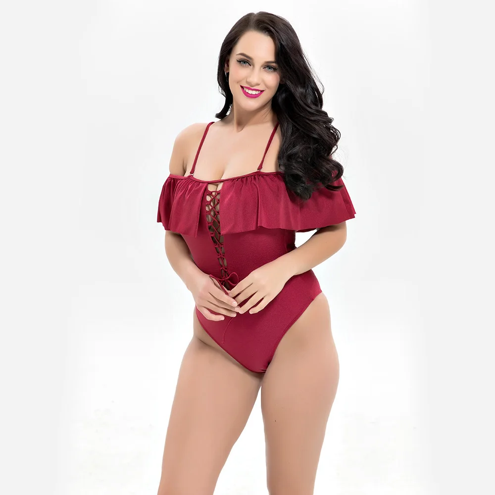 2018 New Sexy Off The Shoulder Solid Swimwear Women One Piece Swimsuit Female Bathing Suit Ruffle Monokini Swim Wear 2XL-6XL | Спорт и
