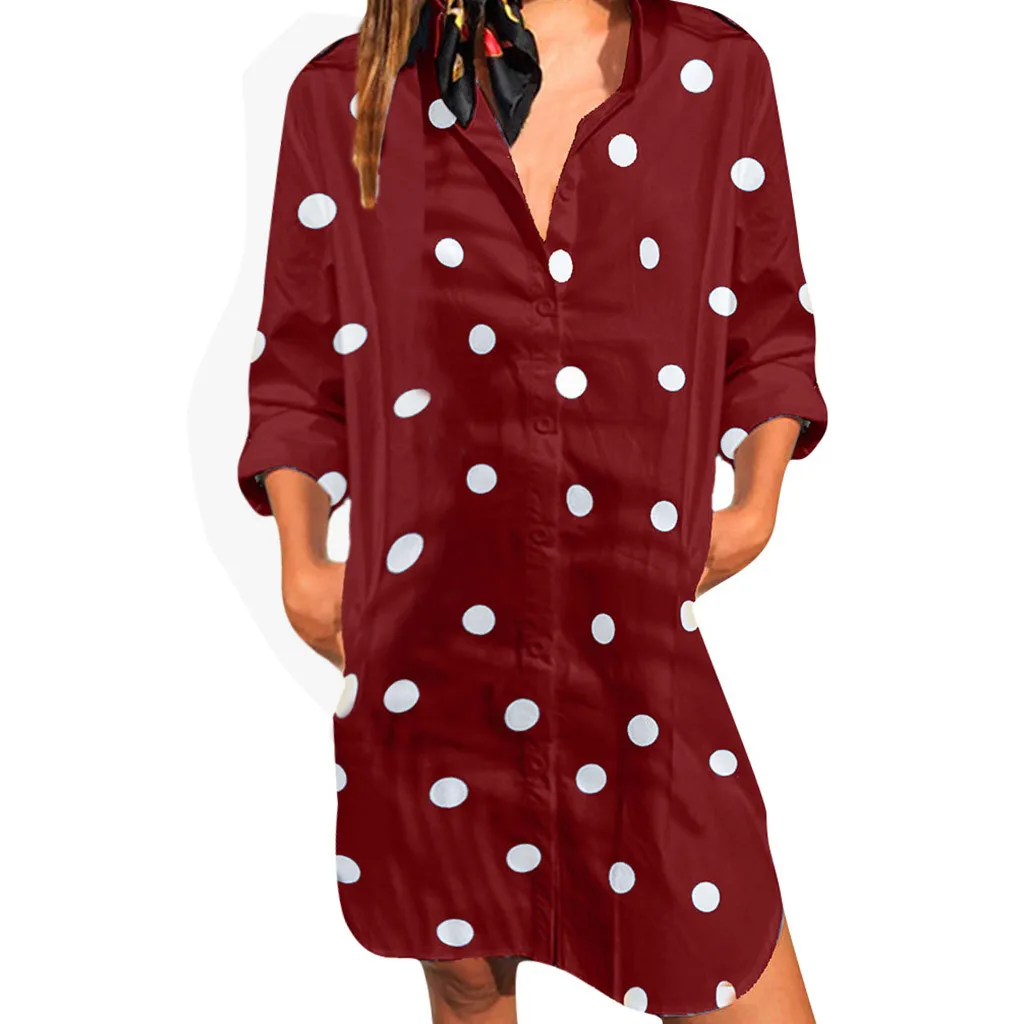 Бесплатная страусиное платье для женщин с принтом в горошек на пуговицах А