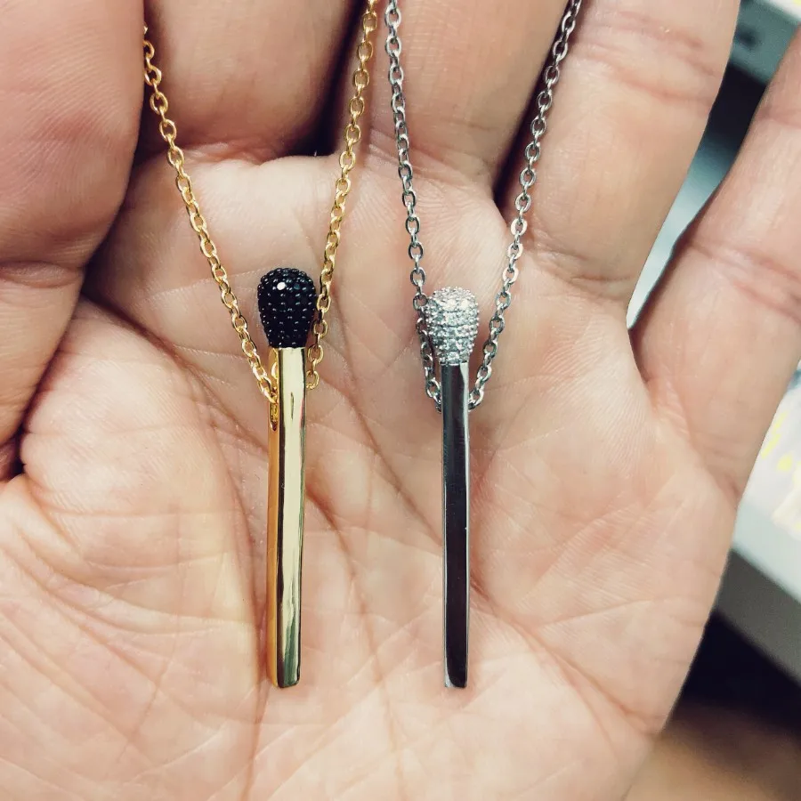 Золотые, серебряные, Matchstick, металлические подвески, черный CZ камень, установка спичек, цепочка из нержавеющей стали, ожерелье, модные женские ювелирные изделия