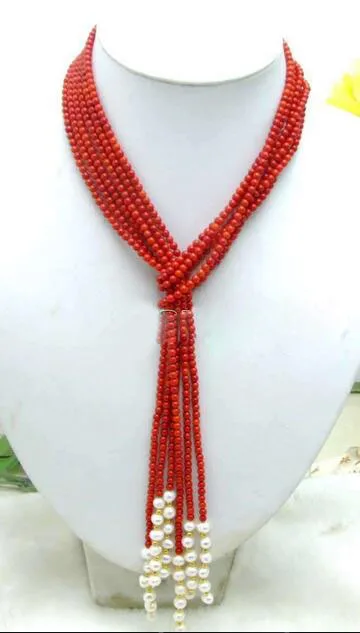 Очень длинное ожерелье из 3 прядей кораллового и белого жемчуга|Ожерелья| |